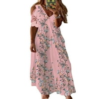 Rejlun Női hosszú ruha Rövid ujjú Maxi ruhák Virágmintás nyári strand Sundress laza alkalmi Party Rózsaszín XL