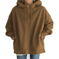 Plusz méretű cipzáras kapucnis kabát Női egyszínű pulóver kabát őszi könnyű, Hosszú ujjú felsőruházat kávé M