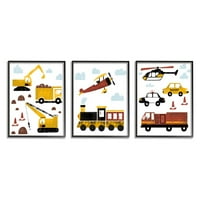 A Stupell Industries utazási és építési illusztráció vonatok teherautók autók keretes fali művészeti tervezése, Daphne