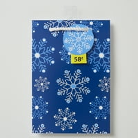 Ünnepi ajándék táska, karácsony, hópelyhek, kék, fehér, papír, zsinórfogantyúk