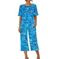 Activewear Set Clearance Női nyomtatás Kerek nyakú Rövid ujjú Sleepshirt és nadrág készletek Loungewear pizsama zsebekkel