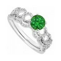 Smaragd & gyémánt eljegyzési gyűrű esküvői zenekar szett 14k fehér arany, 0. CT-Méret 9.5
