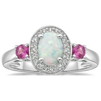 Ragyogó finom ékszerek ezüst ovális laboratóriumot készített opál, rózsaszín zafír és fehér zafír gyűrű