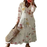 Grianlook Női Swing Ruha Virágmintás Maxi Ruhák V Nyakú Alkalmi Hosszú Ujjú Hölgyek Kényelmes Csipke Laza Egy Vonal