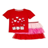 A lányok Valentin-napi grafikus póló és szintű szoknya, 2 darabos ruhakészlet, Méretek 4-18