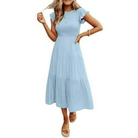Női ruhák rövid ujjú boka hossza kerek nyakkivágással szilárd nyári kényelmes fél női pillangó Kék M