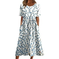 Női ruhák Clearance Kerek nyakkivágással Divat boka hossza nyomtatott A-Line Rövid ujjú nyári ruha kék 2XL