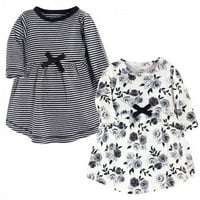 Touched by Nature baba és kisgyermek lány organikus pamut hosszú ujjú ruhák 2pk, Fekete virágos, 12 hónapos